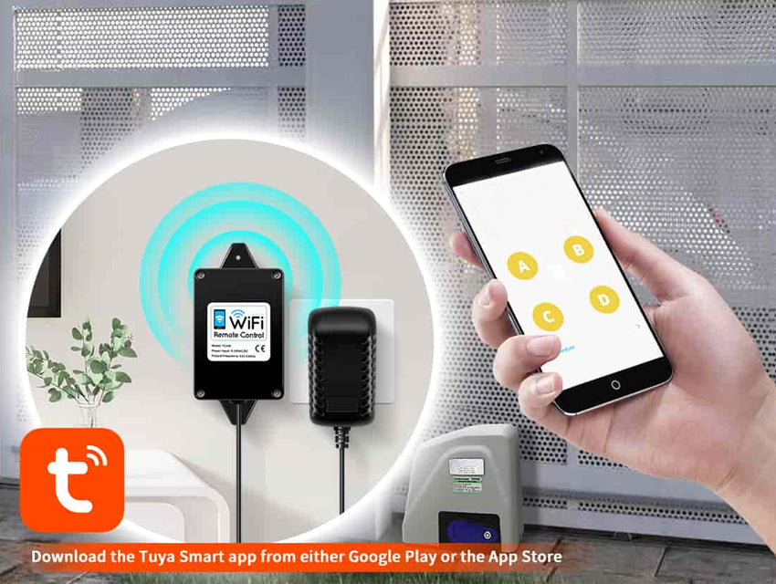 Smartphone connecting to WiFi garage door opener via Tuya Smart app for seamless control and automation.