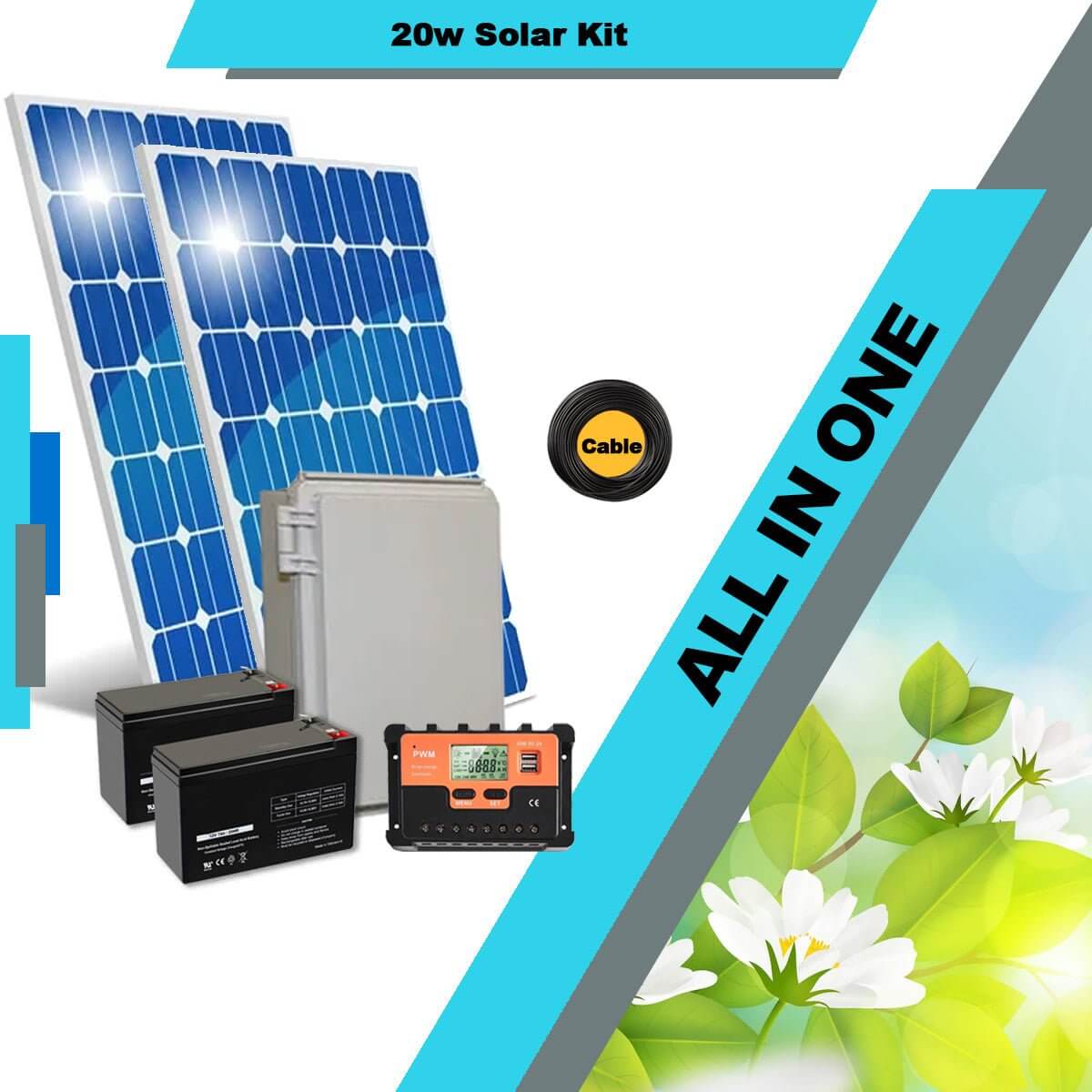 20W all-in-one solar kit with panels, batteries, charge controller, and cable on a floral background.