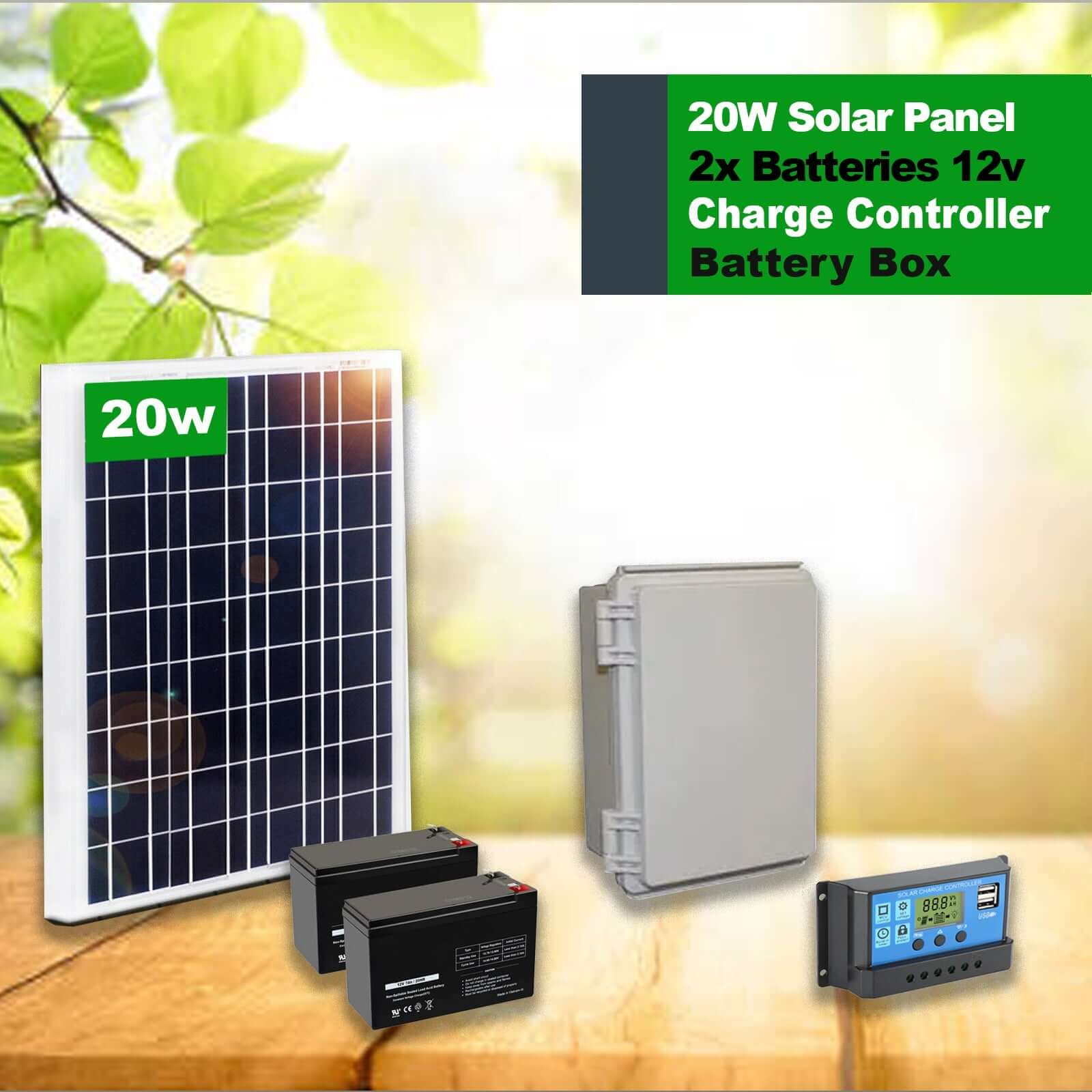 20W solar panel, 2x 12V batteries, charge controller, and battery box for solar gate opener