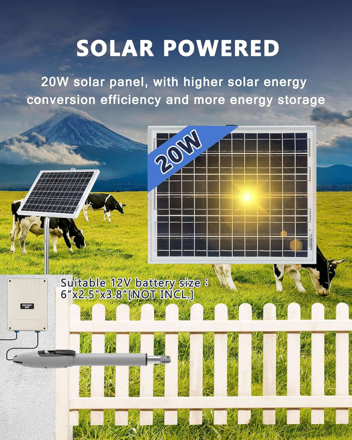 Solar panel powering gate opener in farm setting with cows and mountains in the background.
