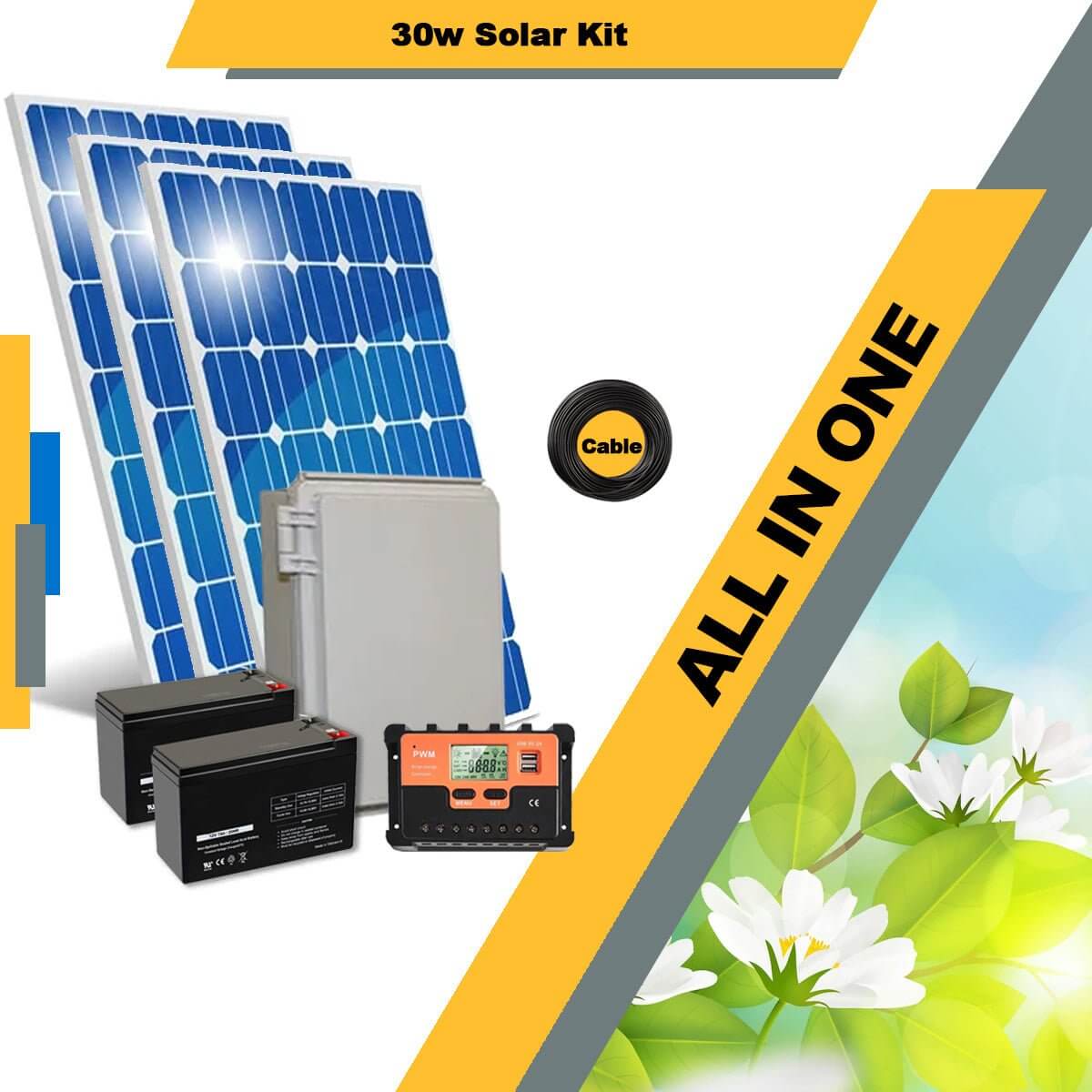 Complete 30w solar kit with panels, batteries, charge controller, and cable, ideal for renewable energy projects.