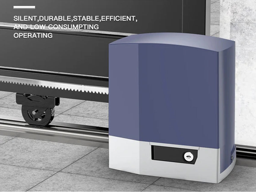 Blue automatic sliding gate opener ensuring silent, stable, and efficient operation with low energy consumption.