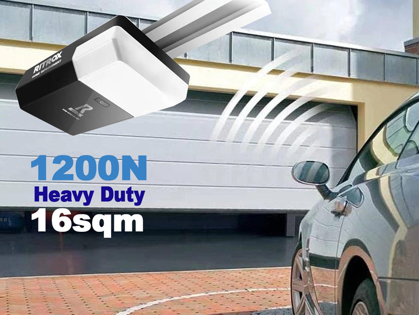 Rifox heavy-duty garage door opener with 1200N force shown next to a two-car garage, suitable for 16 square meters.