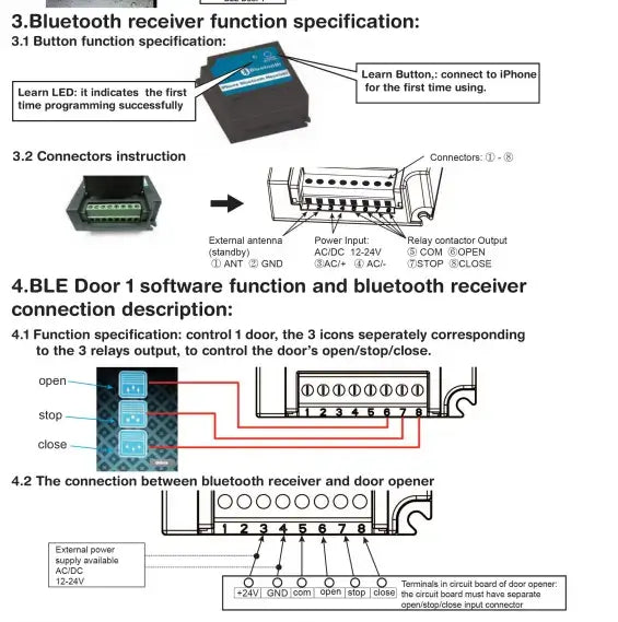 Diagram showing Bluetooth receiver setup for garage door openers, illustrating button functions and connection with Garageway app.