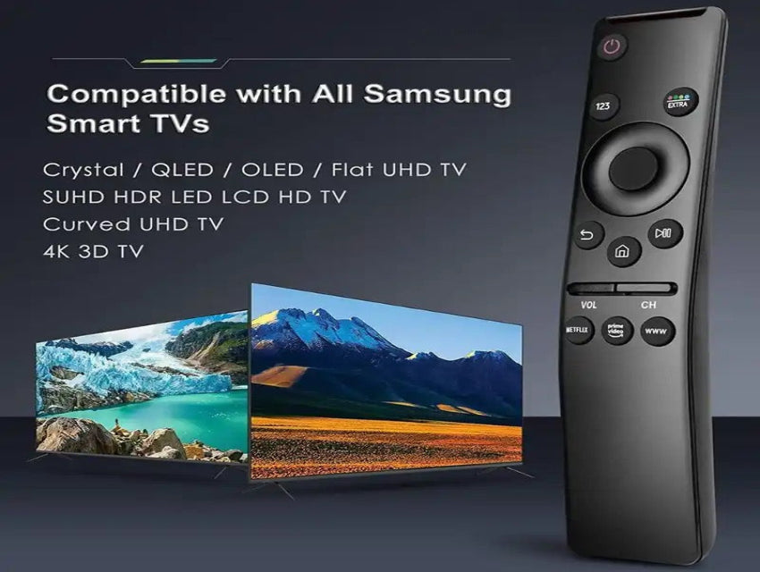 Samsung smart TV remote compatible with Crystal, QLED, OLED, and 4K UHD models, displaying two TV screens with landscapes.