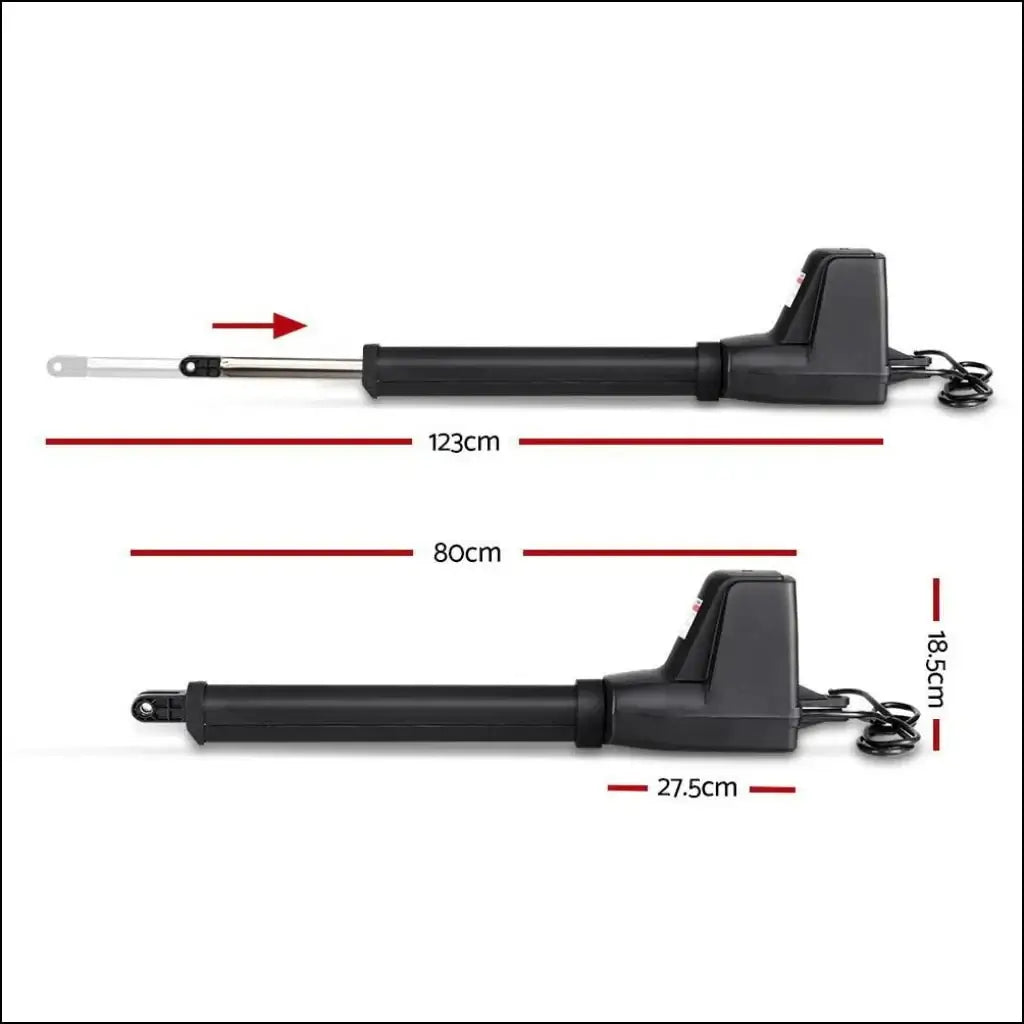 RITROX RX602 swing gate opener swing arms dimensions for garageway; 123cm extension, 27.5cm base, ideal for double gates.