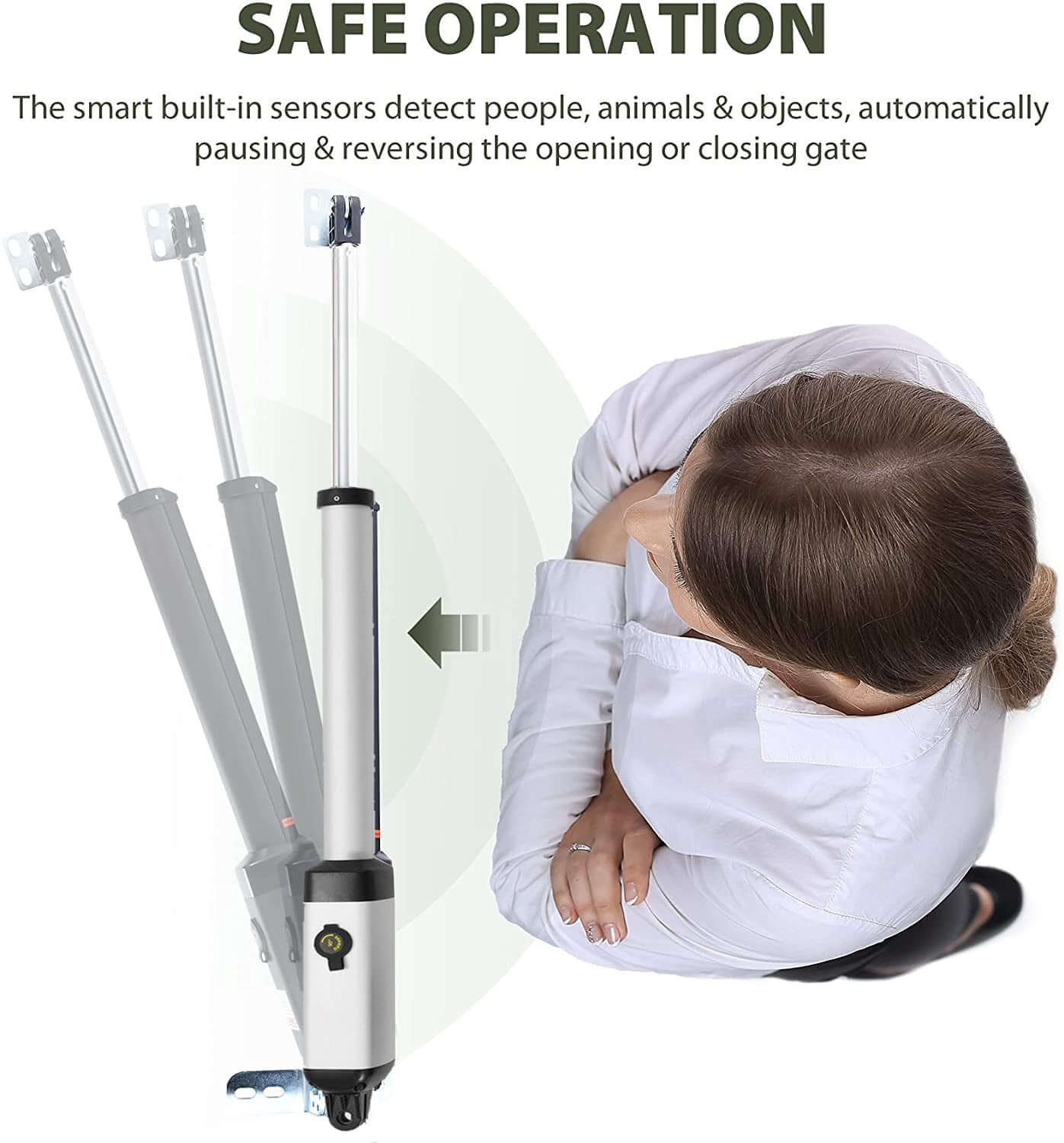Ritrox Solar RX365S swing gate motor with safety sensors pausing for person, ideal for Garageway use with solar power efficiency.