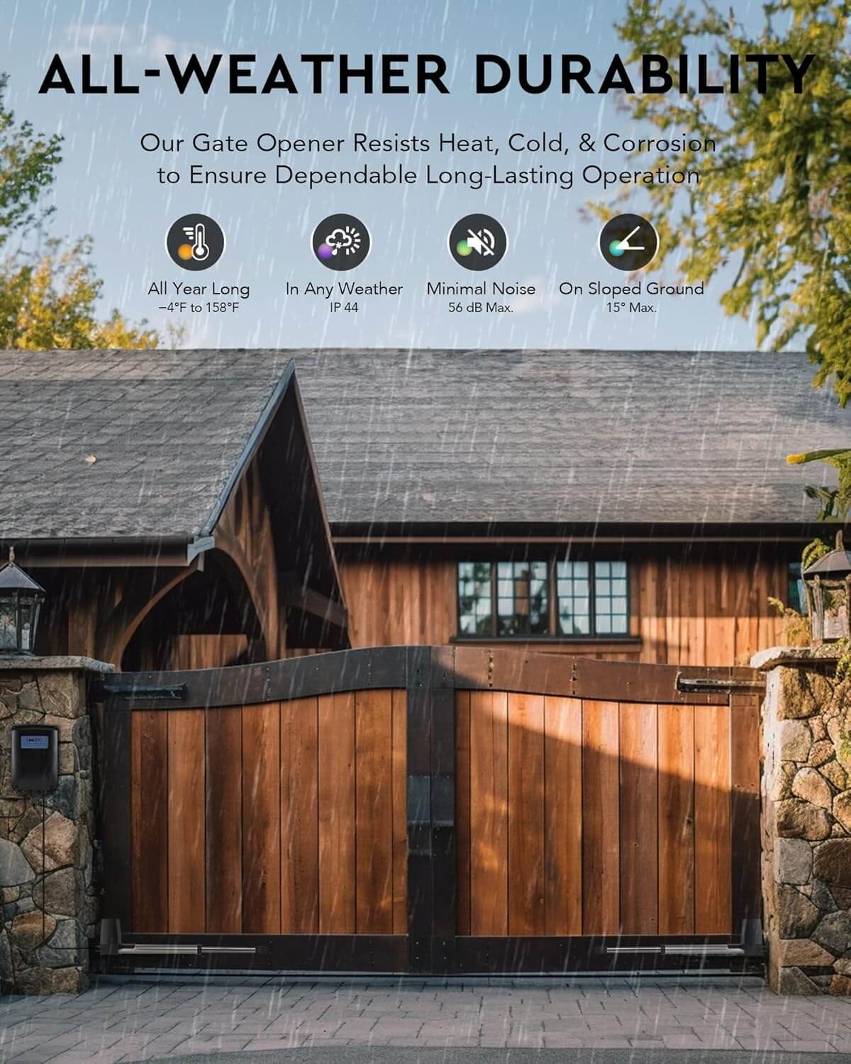 Wooden driveway gate with stone pillars showcasing all-weather durability features for gate openers, suitable for adverse conditions.