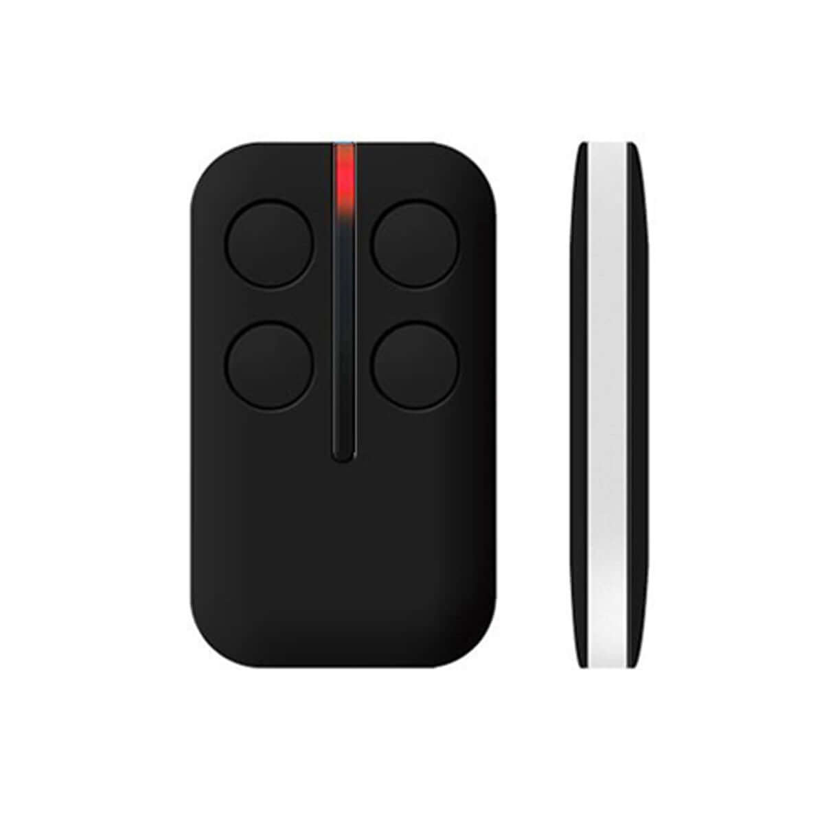 ATA PTX5 PTX-5 compatible garage gate remote with four buttons, shown front and side views, enhances home access control.