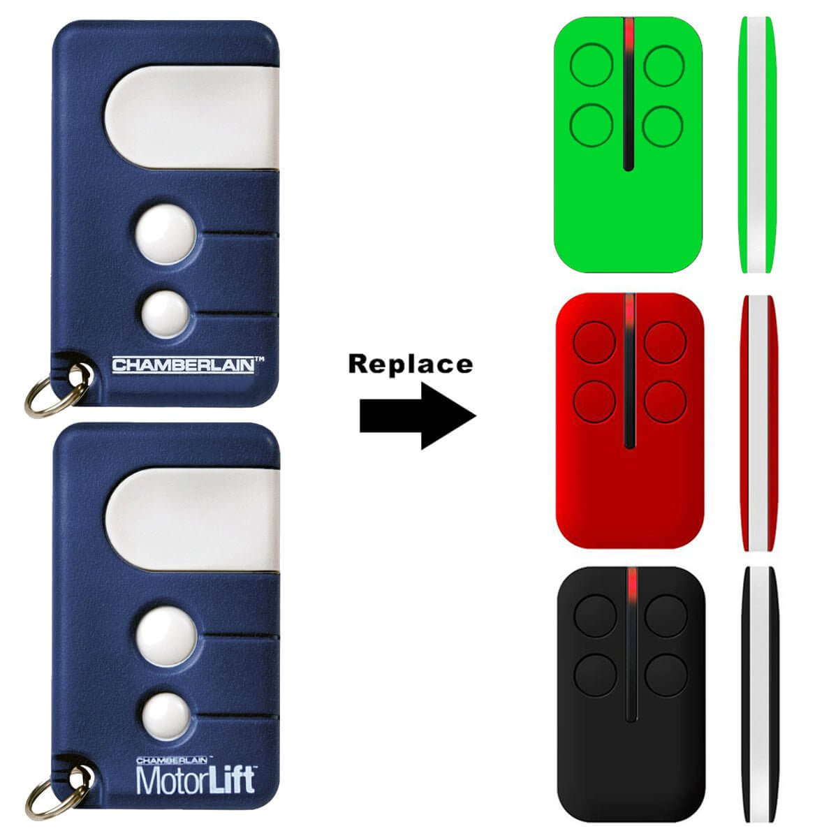 Chamberlain Motorlift Replacement Remote compatible with various models, shown with green, red, black alternatives. Garageway product.