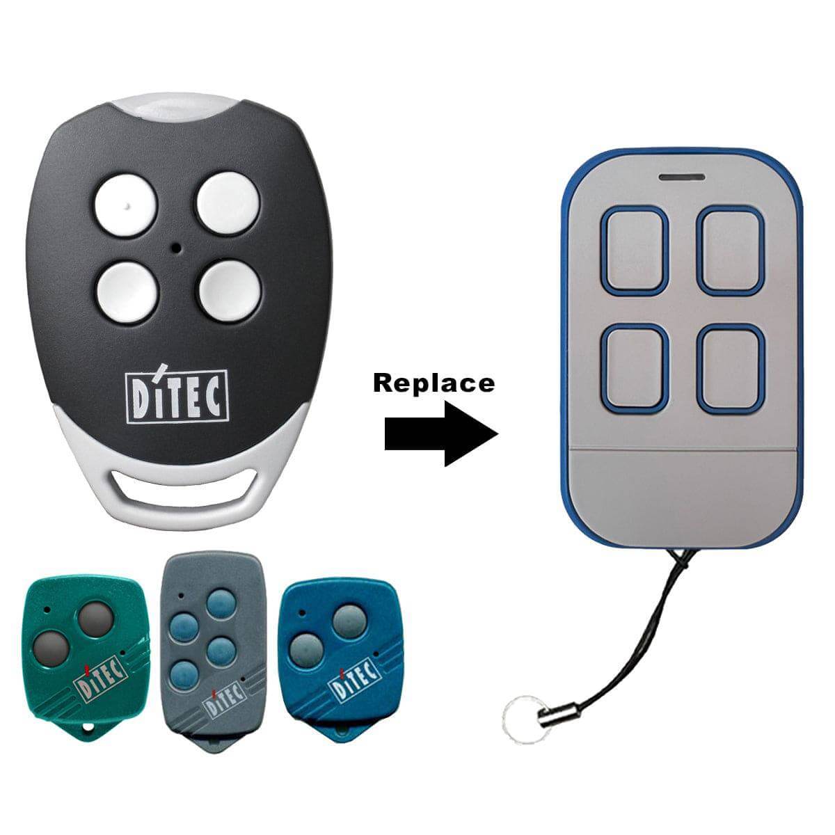 Ditec compatible remote control featuring multiple models for garage and gate access, includes keyring and batteries.