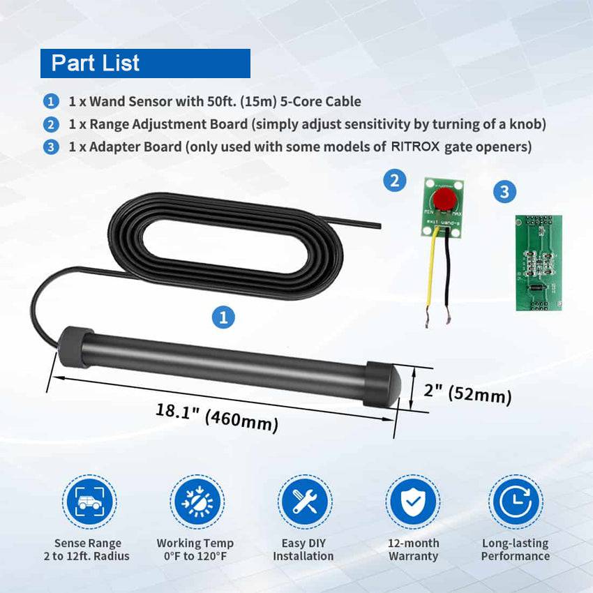 Exit Wand Vehicle Sensor parts list for automatic garageway gate opening with range settings and DIY installation instructions.