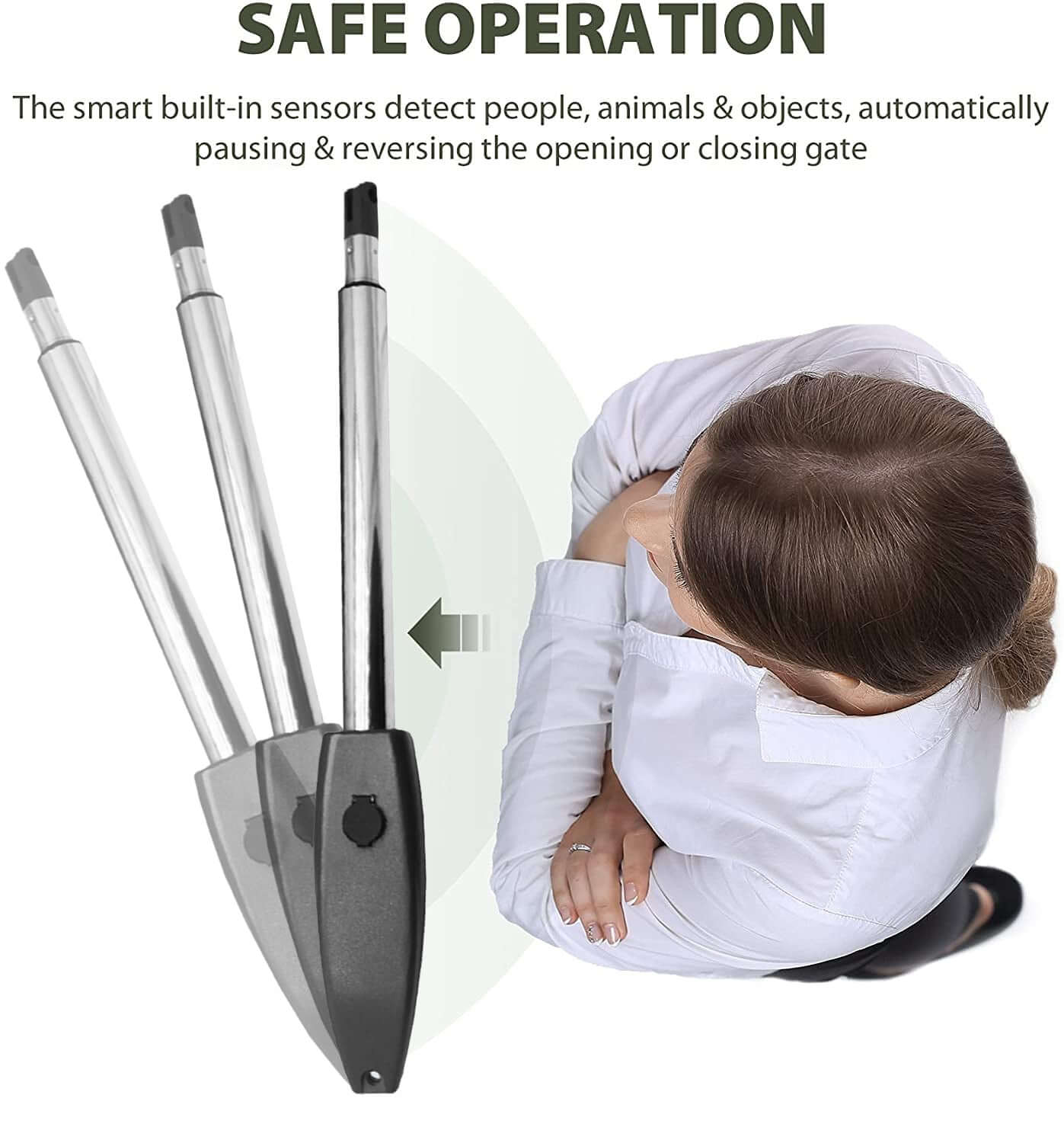 Solar-powered swing gate opener arm with safe operation features for Garageway