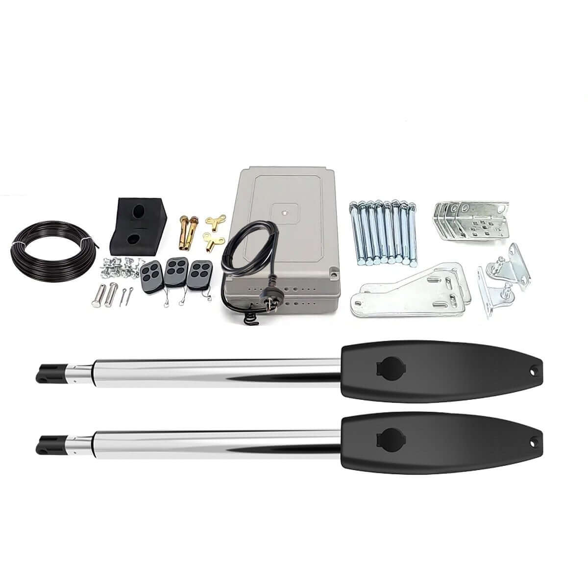 Farm Full Solar Single Swing Gate Opener with accessories, featuring 20w solar kit, control box, and Garageway branding.