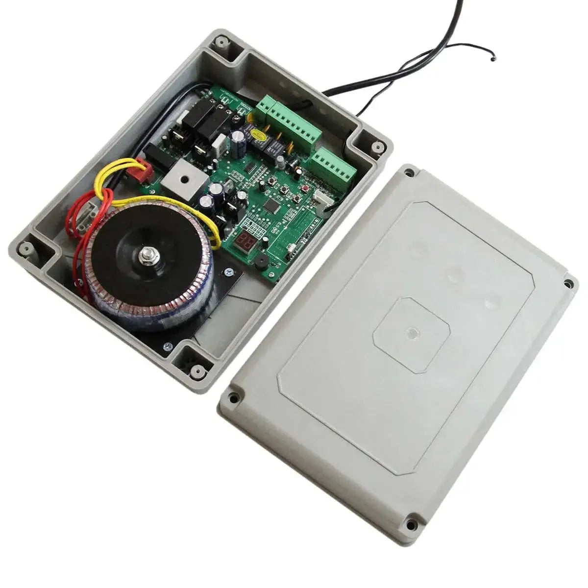 Open waterproof control box for Farm Full Solar powered Single Swing Gate Opener, showing internal circuits and components.