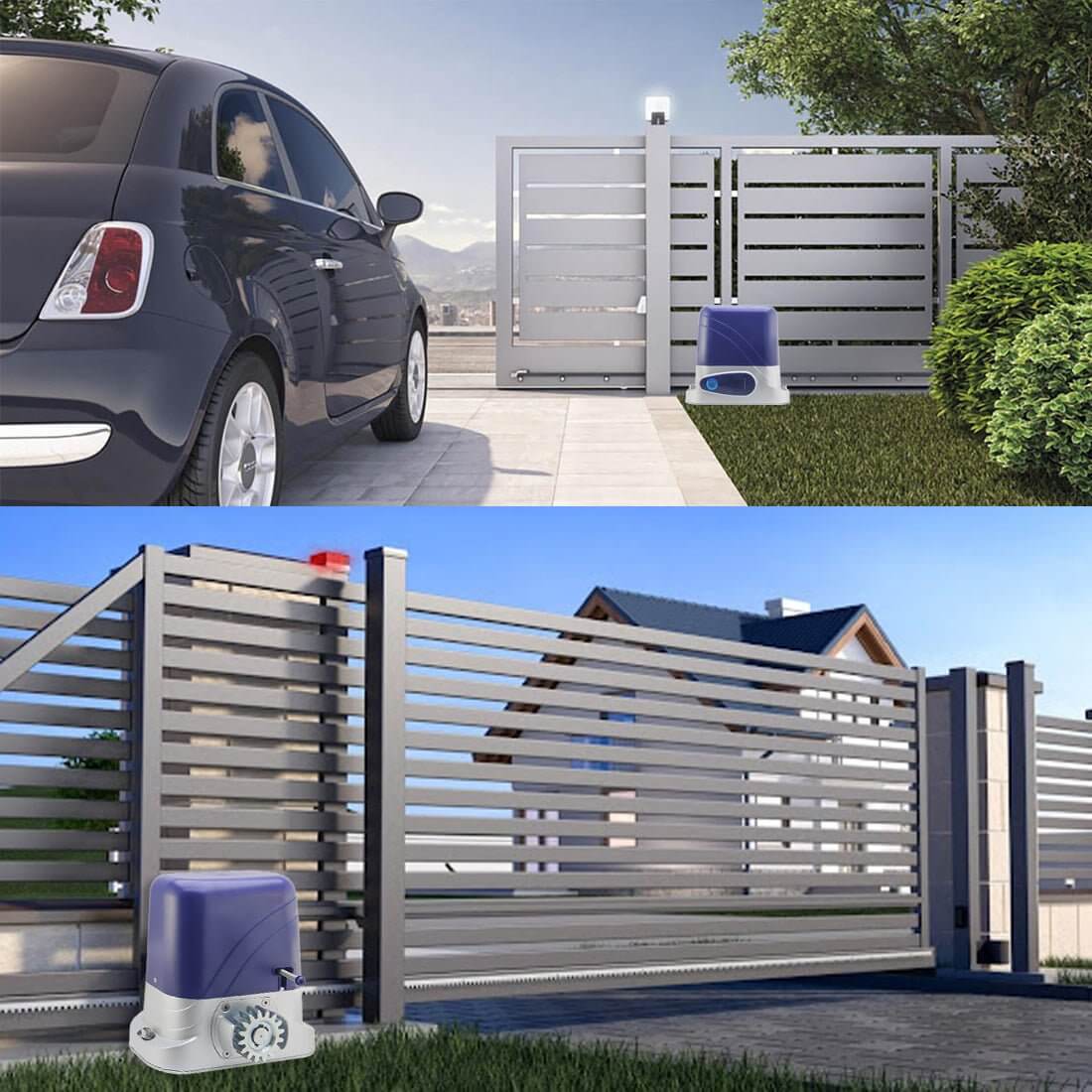 Modern garageway with RITROX Full Solar Sliding Gate Opener Motor, featuring remote control and wireless keypad, enhancing security and convenience.