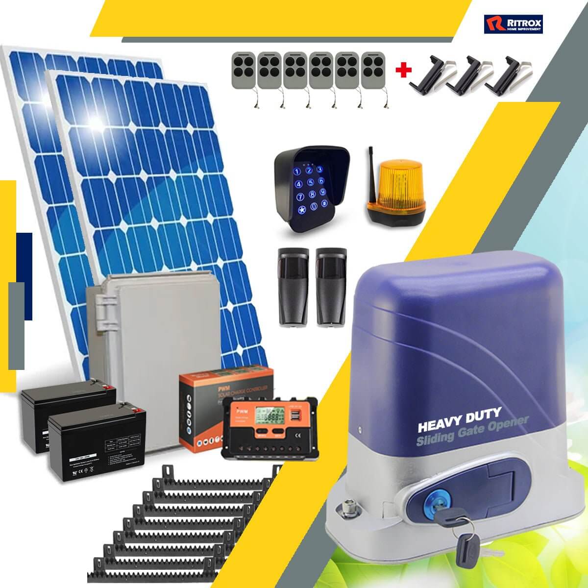RITROX Full Solar Sliding Gate Opener Kit with Remote, Keypad, Batteries, and Solar Panels for Garageway