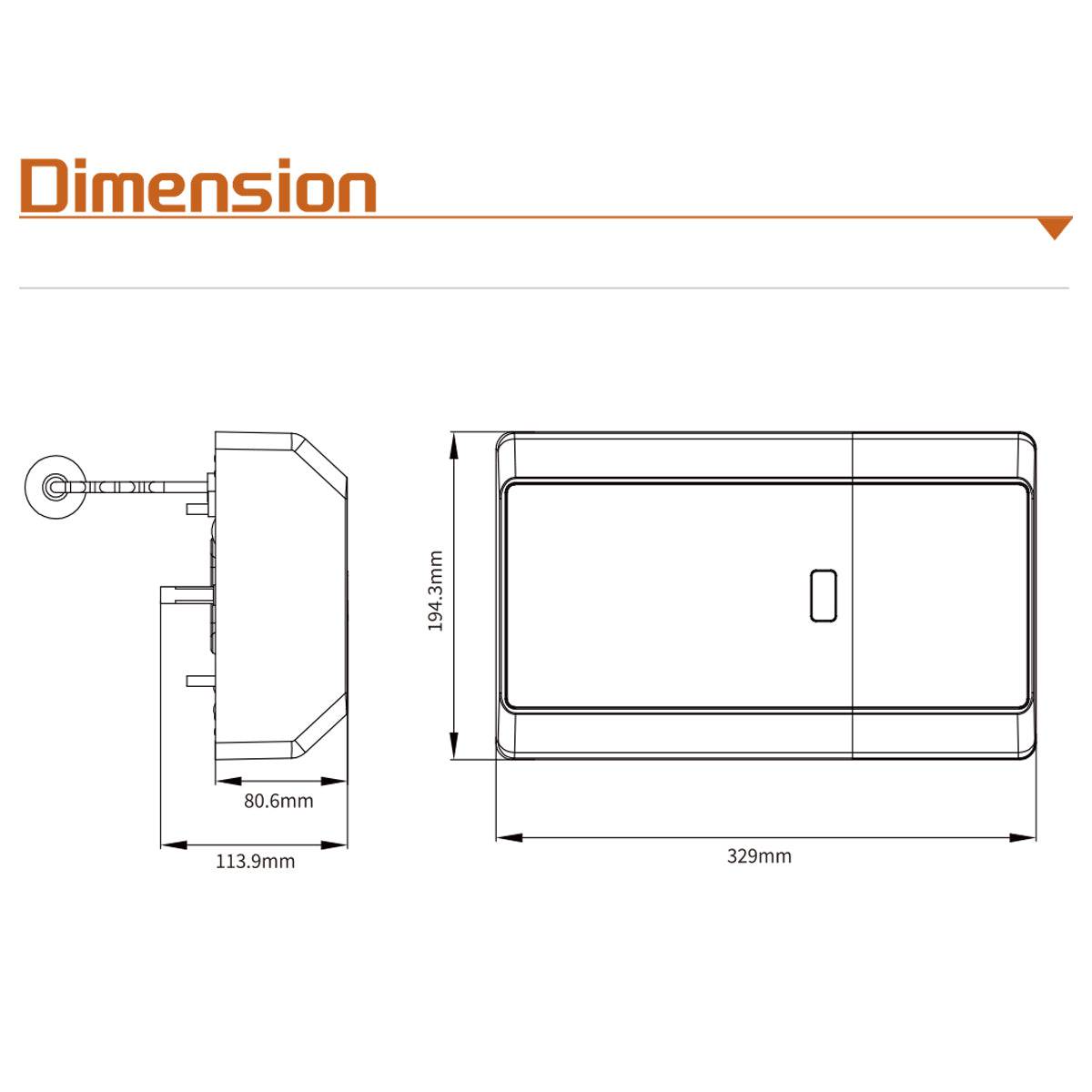 Technical dimensions of RITROX RX-1200P garage door motor; includes side and top view with measurements; suitable for garage installations.