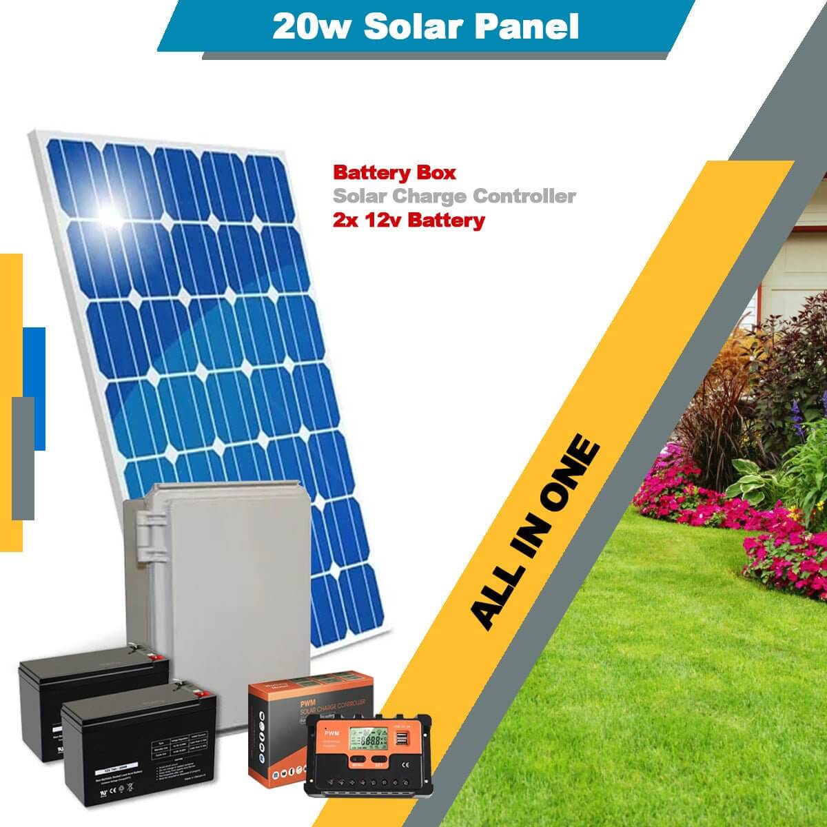 20w solar panel kit for DC gate openers with battery box and solar charge controller, ideal for garageway systems.
