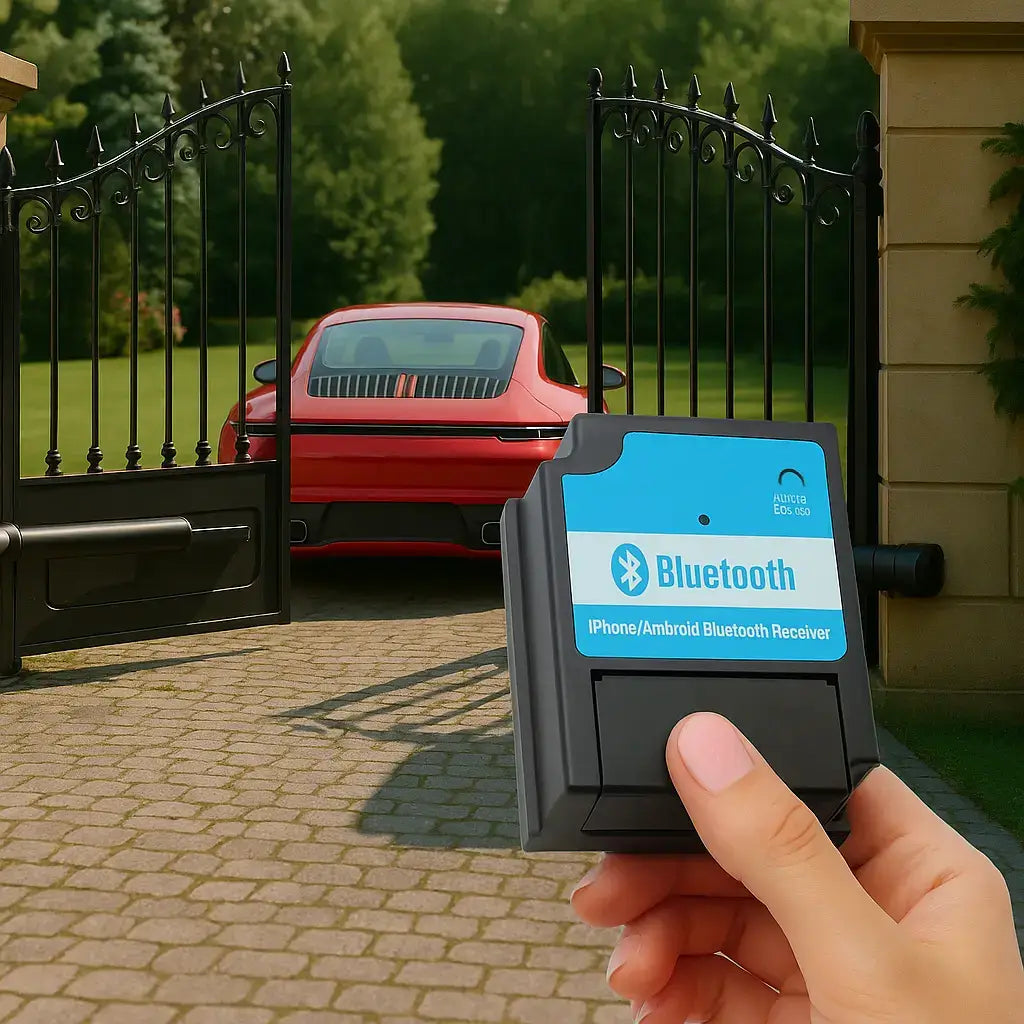 Bluetooth receiver for garage and gate openers compatible with iOS and Android, showing remote operation via mobile for 30m range, branded Garageway.