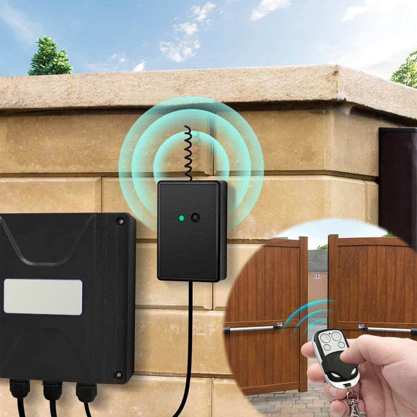 RITROX Gate Opener Remote Receiver with remote control, showcasing secure Garageway signal transmission for gates.