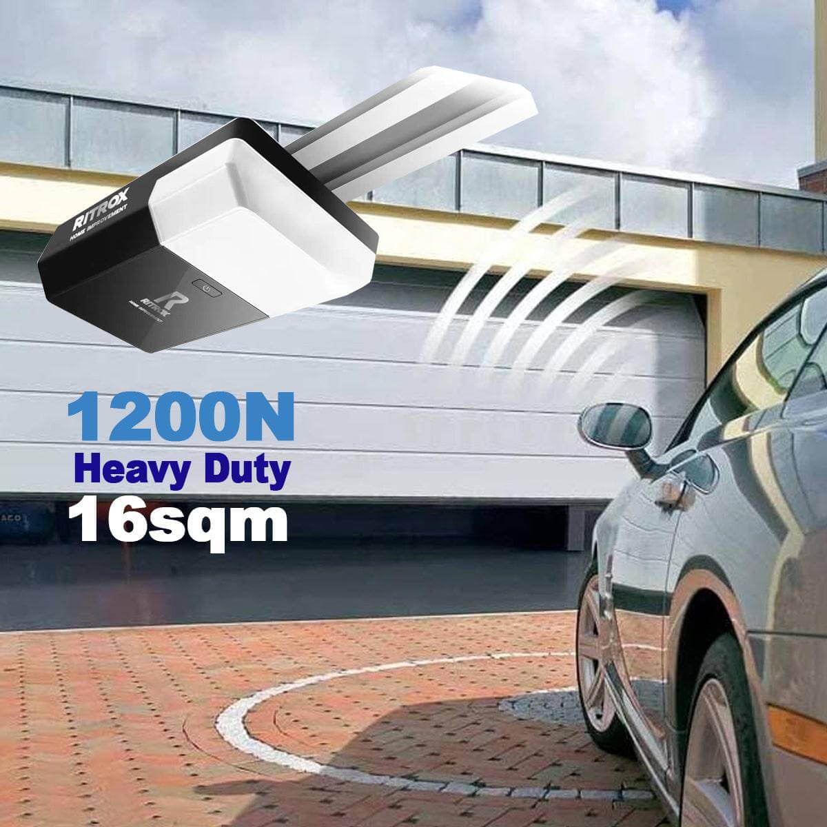 RITROX RX-1200P garage door opener in action with a car, illustrating the 1200N heavy-duty belt-driven system for Garageway sectional doors.
