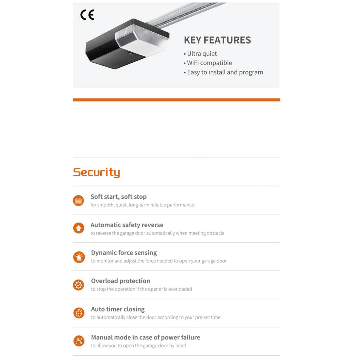 Features of RITROX RX-1200P Garage Door Opener, including ultra-quiet operation, WiFi compatibility, and automatic safety reverse.