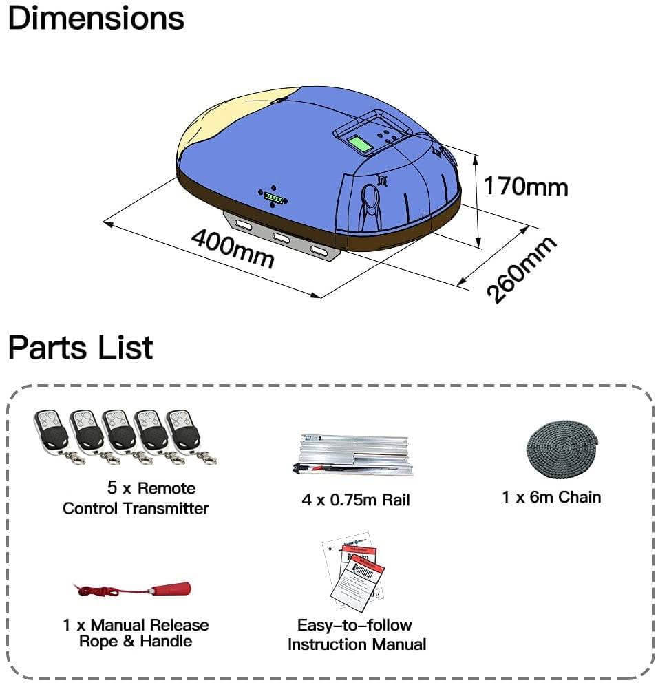 Diagram of CASAR 800 Garage Door Opener with dimensions, remote controls, rail, chain, manual release, and instruction manual.