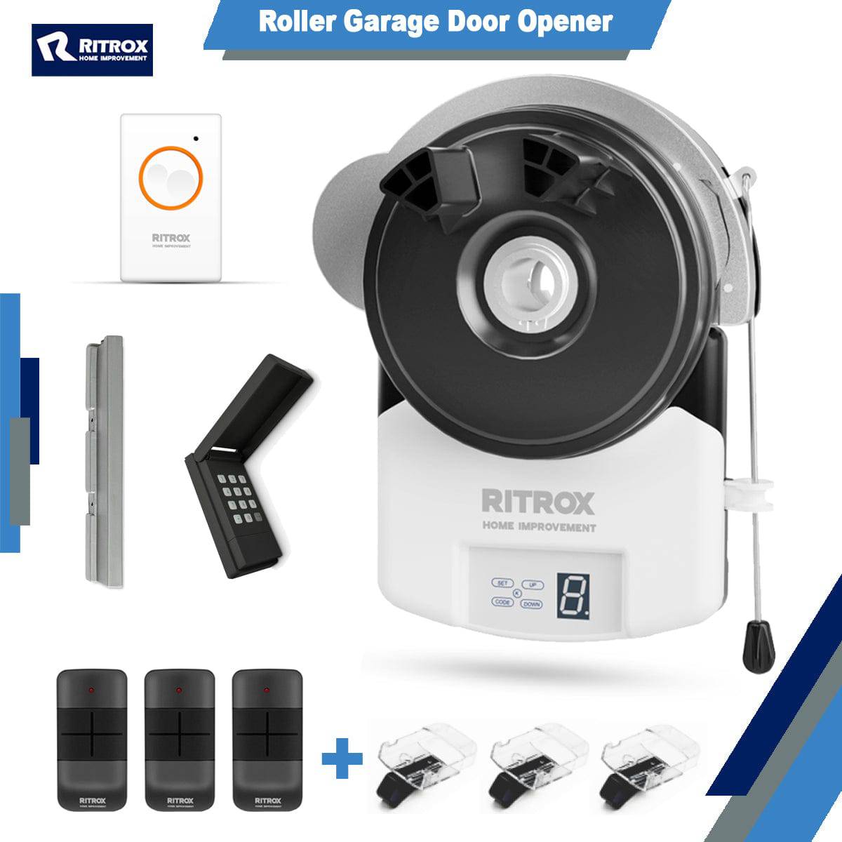RX-1000P roller garage door opener with keypad, weight bar, and remote controls. Features powerful DC motor, quick installation. Garageway.