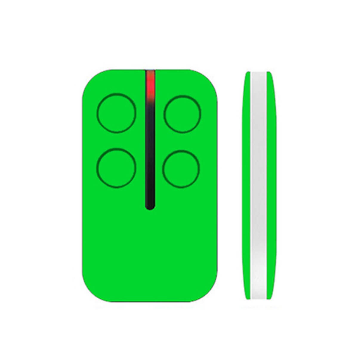 Green HomEntry HE60 Garageway remote controller with four buttons, compatible with HE4331 and HE60ANZ models, side view shown.