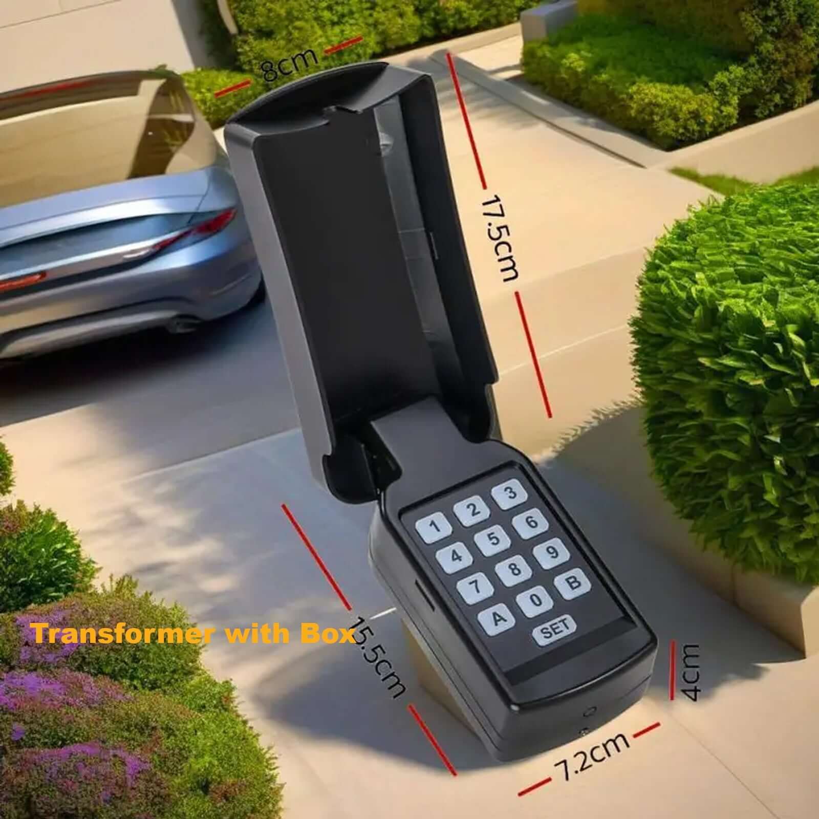 LM188 waterproof wireless keypad for Ritrox, Lockmaster gate openers, shown outdoors with dimensions, secured by code and PIN.