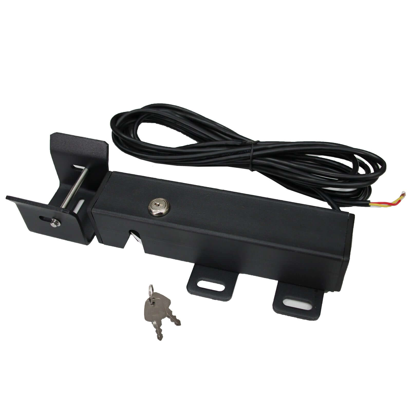 Electric lock for swing gate openers with 24V DC setup, keys, and cable, suitable for Garageway systems
