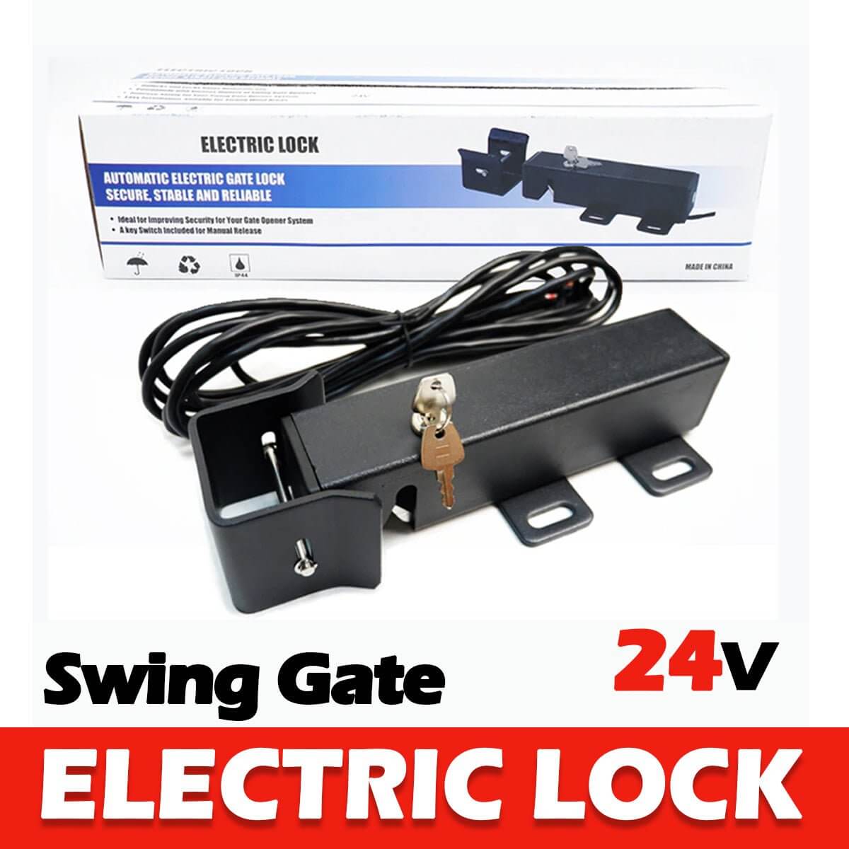 LOCKMASTER 24V DC Electric Lock for Swing Gates, includes keys, cable, instructions. Garageway compatible, secure and reliable.