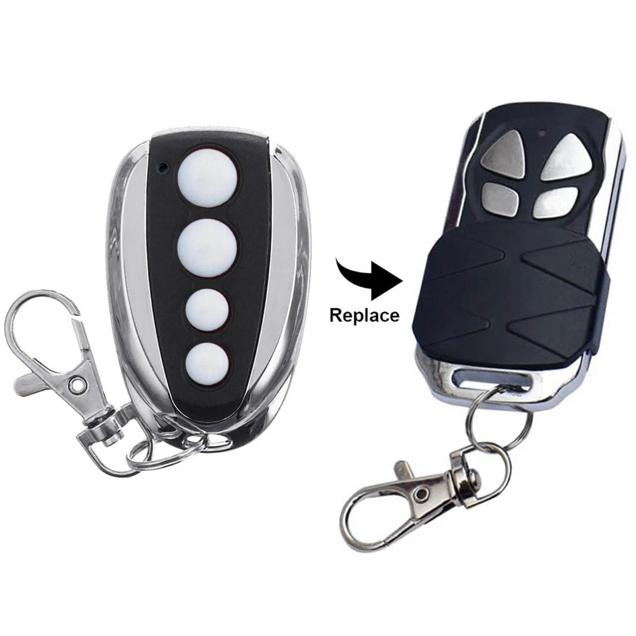 Napoleon RDO12/SDO800 replacement remote for Garageway, showing new and old models with identical design and keychain clips.