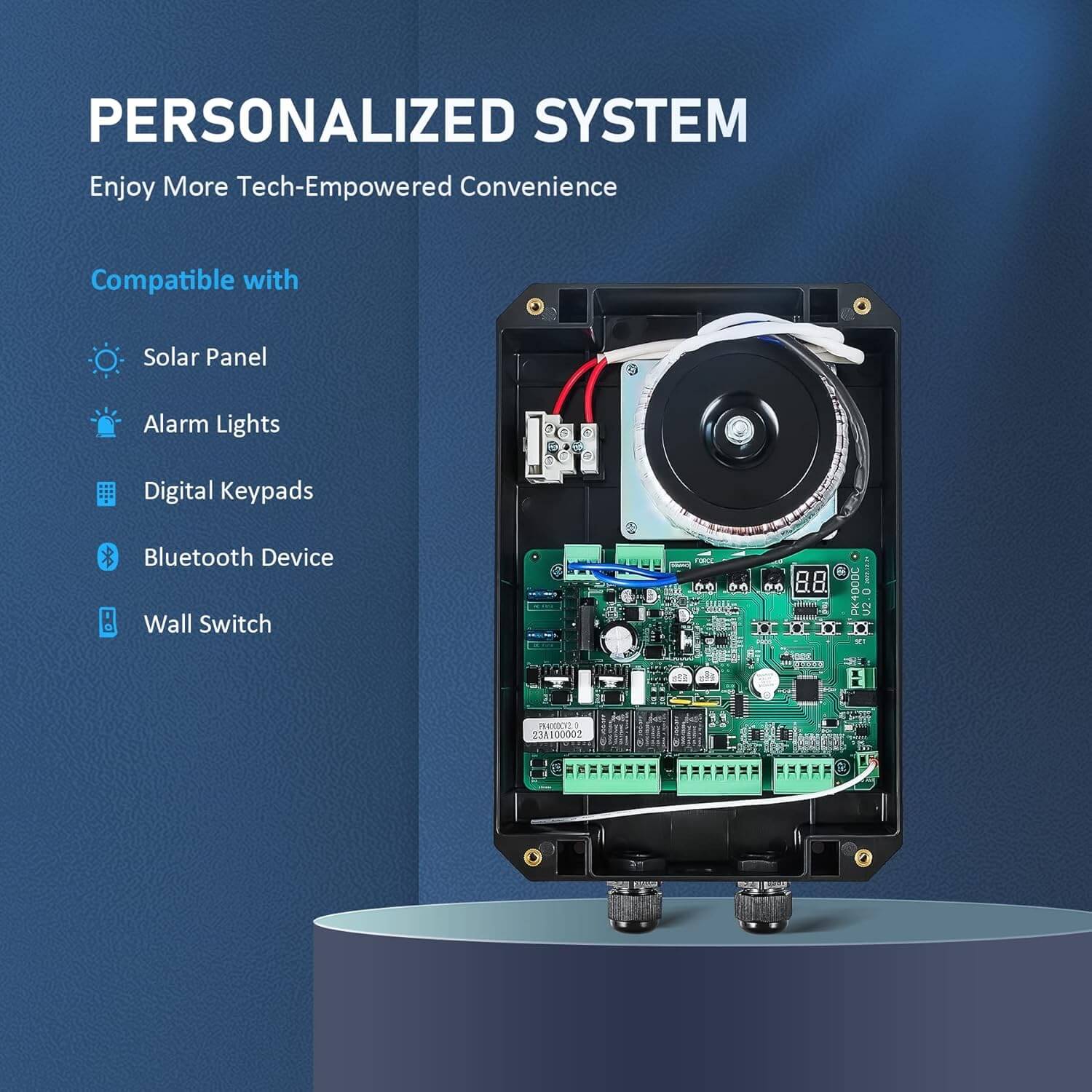 Gate opener motor mechanism compatible with solar panel and Bluetooth, showcasing tech options for personalized convenience.