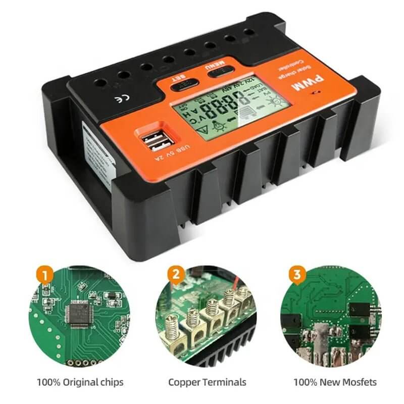 PWM solar charge controller with digital display, featuring 100% original chips, copper terminals, and 100% new MOSFETs.