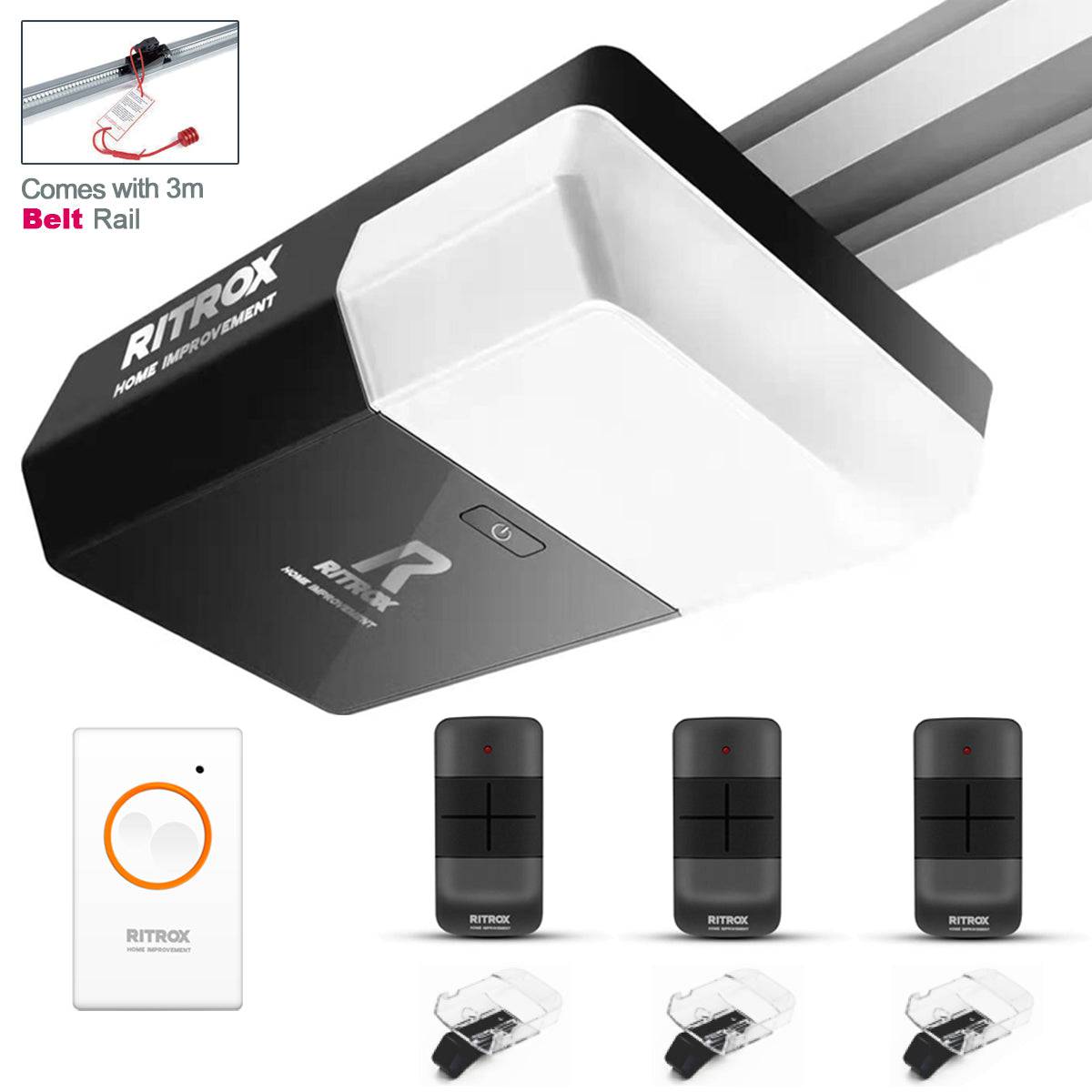 RITROX RX-1200P sectional garage door motor with three remotes, wireless push button, car sun visor clips, and 3m belt rail.