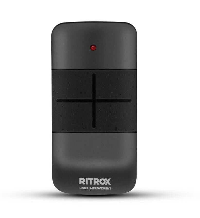 Black remote control for garage door with red indicator light and Ritrox branding
