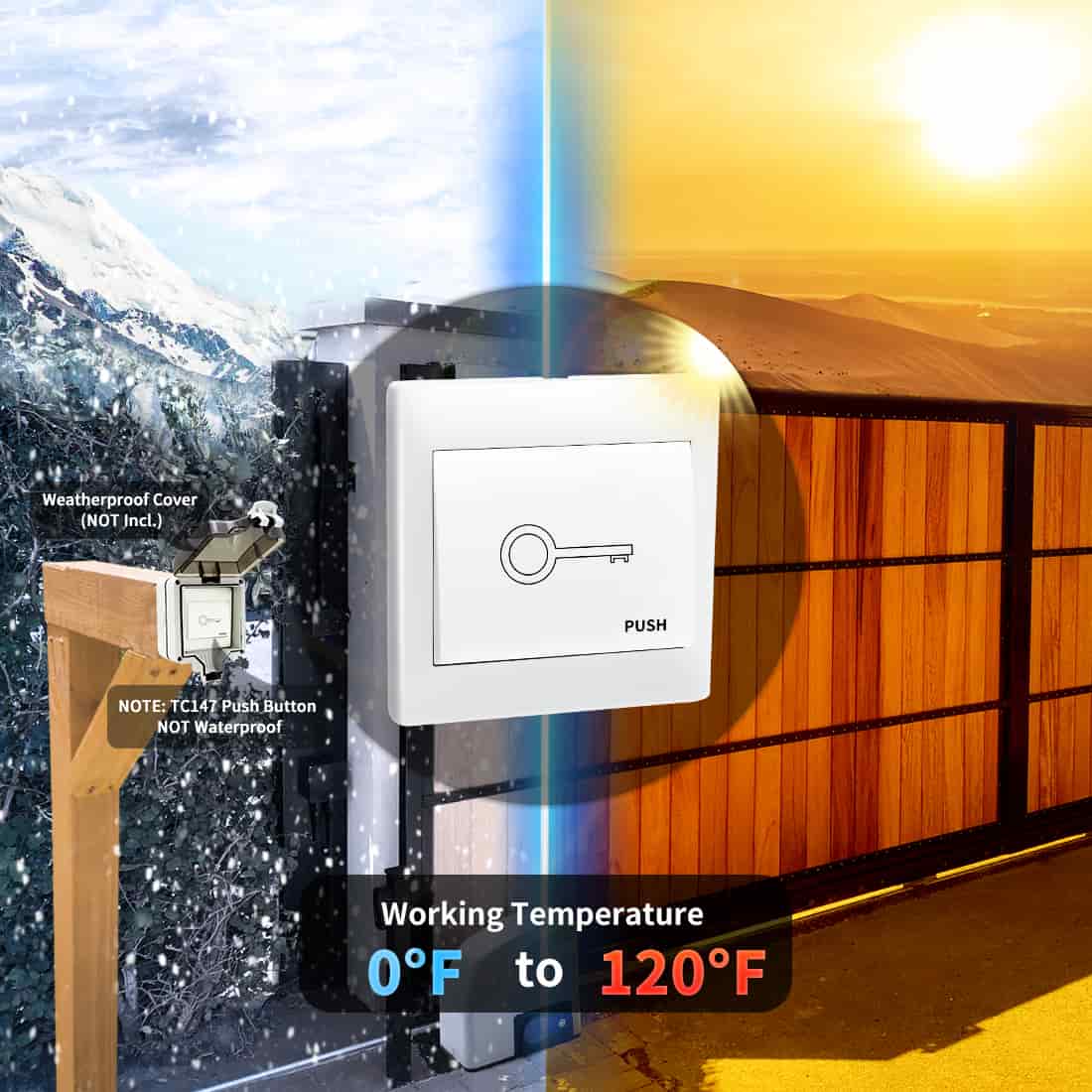 Ritrox Lockmaster LM147 wired push button switch for garageway, operating in temperatures from 0°F to 120°F.