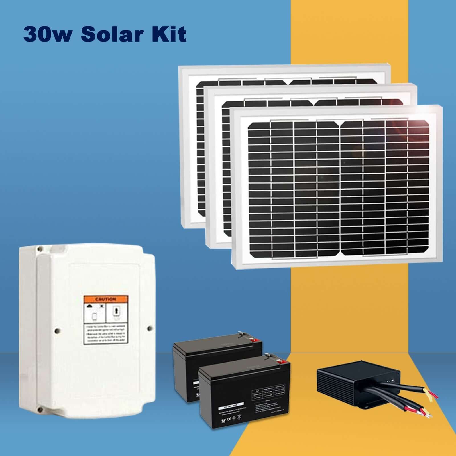 30W solar kit with panels, batteries, and controller for powering gate openers