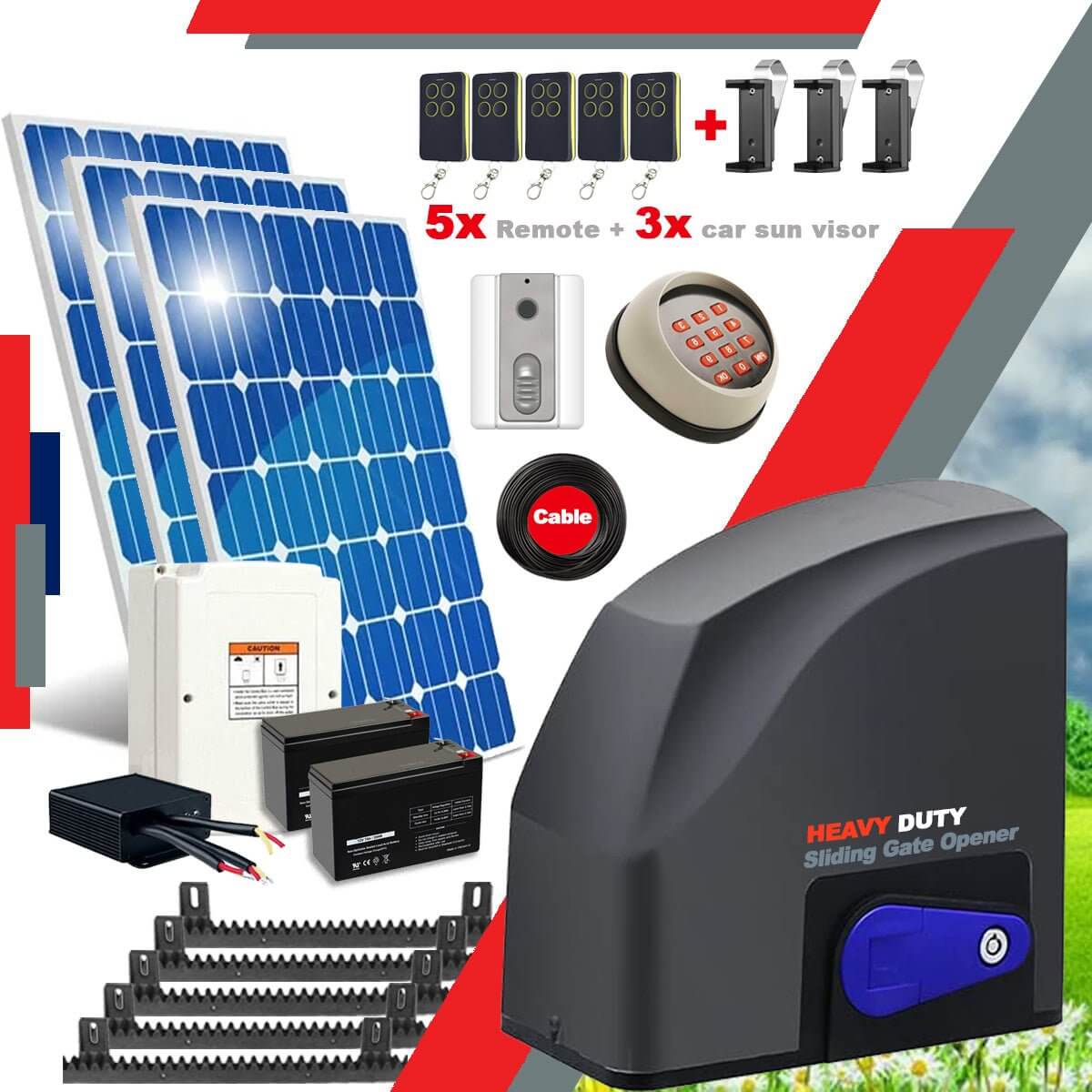 Ritrox RX500T solar sliding gate opener kit with remotes, solar panels, racks, keypad, and accessories for Garageway