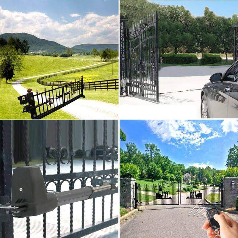 Automatic swing gate opener with remote control in various settings, demonstrating installation and operational features.