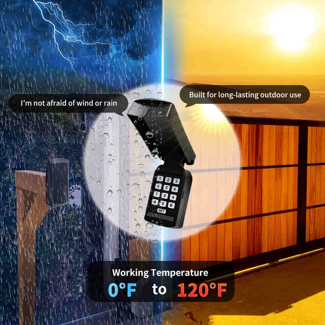 RITROX RX602 waterproof keypad with dual gate opener in rain and sun, highlighting durability and wide temperature range from 0 to 120°F.