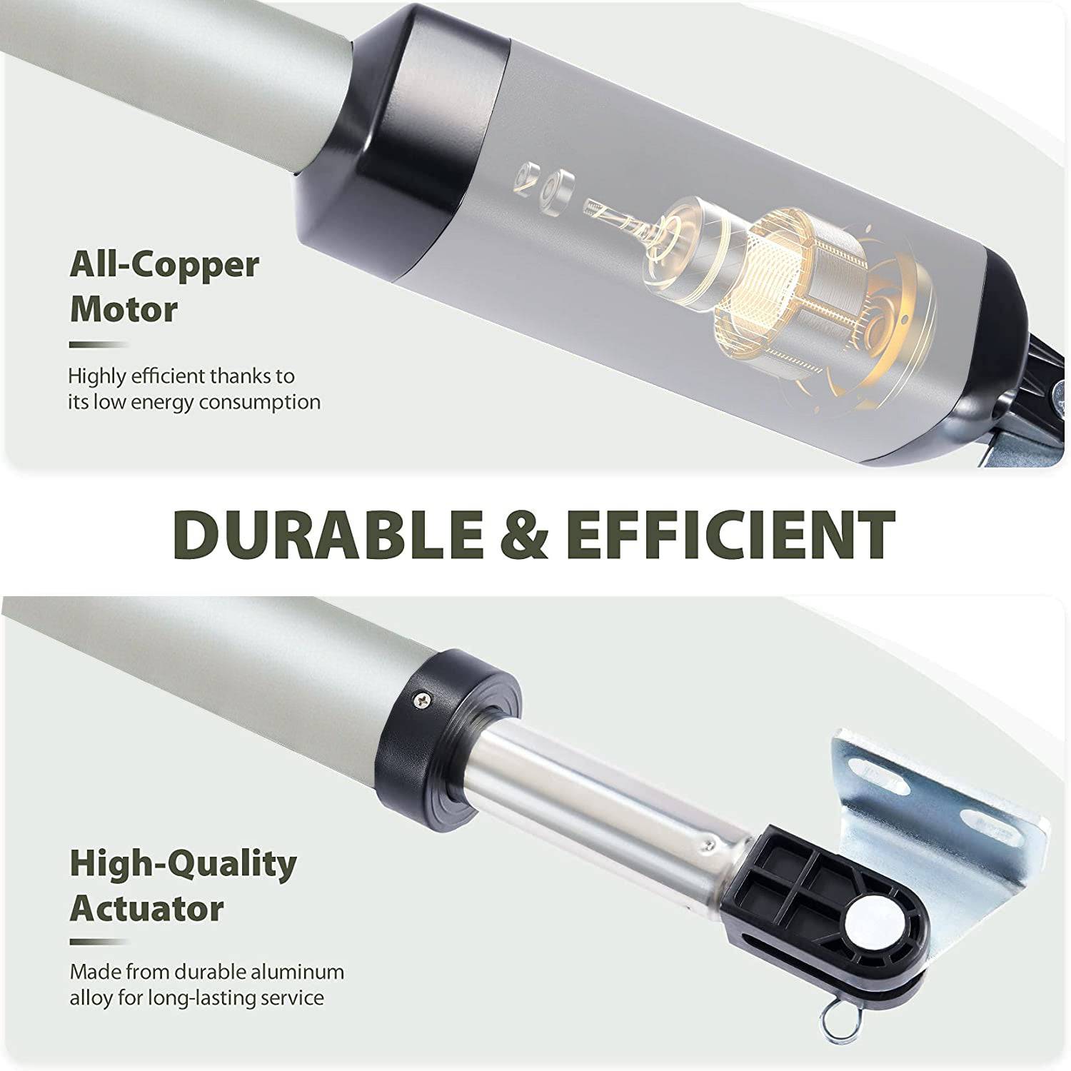 Close-up of durable solar gate opener with all-copper motor and high-quality aluminum actuator, highlighting efficiency and longevity for Garageway.