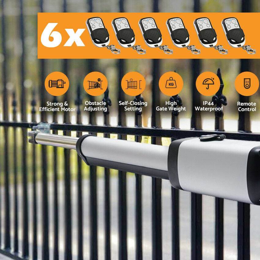 RX365S Full Solar Swing Gate Opener with 6x Remote, garageway system featuring waterproof IP44, obstacle adjusting, and self-closing.