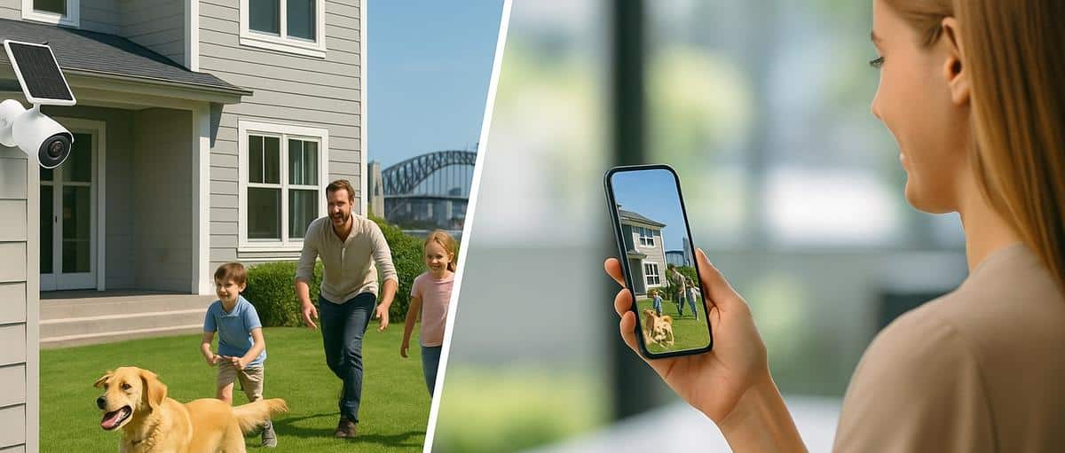 Wireless solar-powered security camera with 4K resolution overlooking a luxury house and red Porsche near Sydney Harbour Bridge