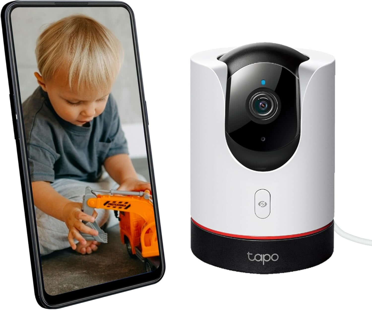 Tapo C225 Smart AI Indoor Camera with smartphone app, featuring motion tracking, night vision, and privacy mode for home security.