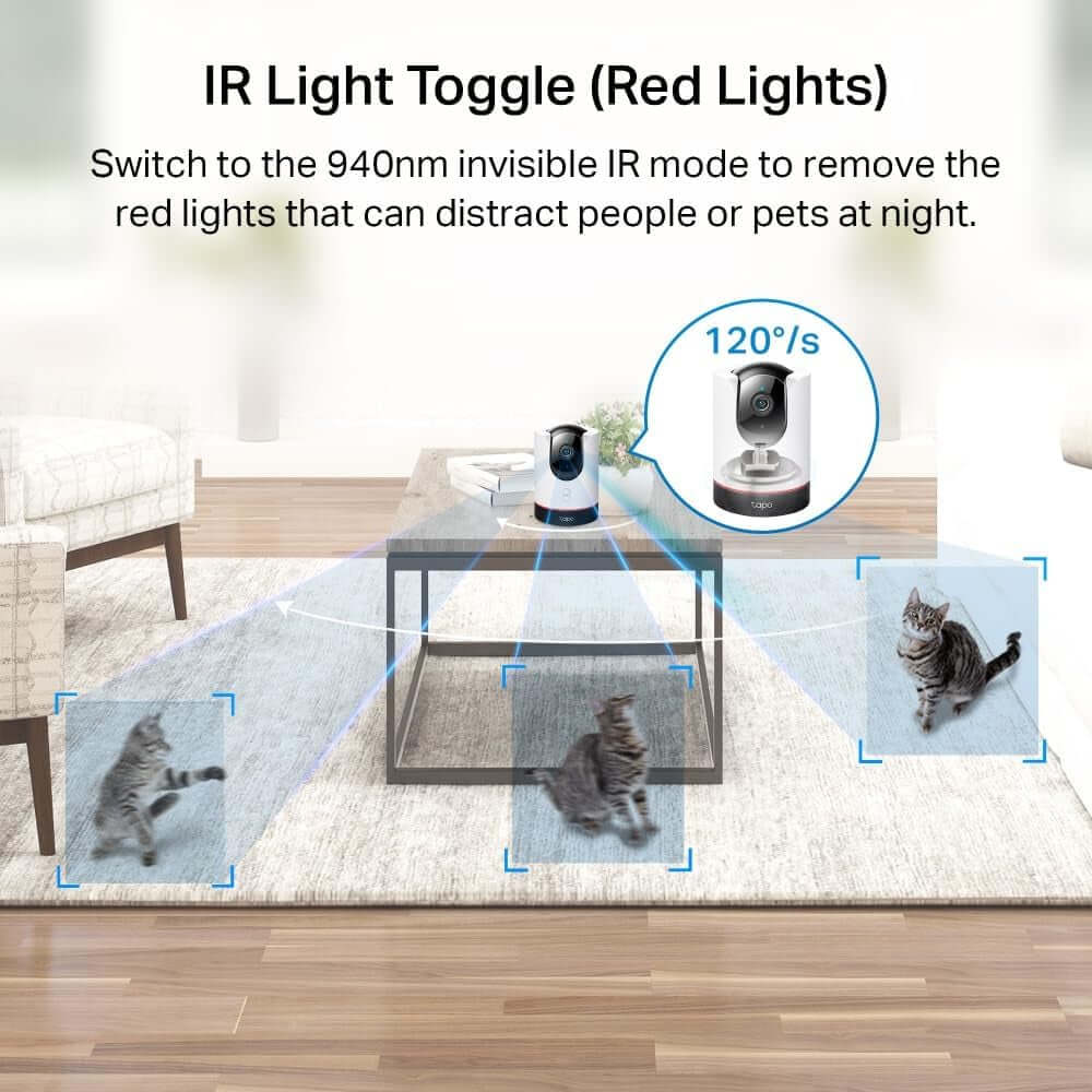 Tapo C225 Smart AI Indoor Camera using IR light to avoid red light distraction while tracking multiple cats in a room.