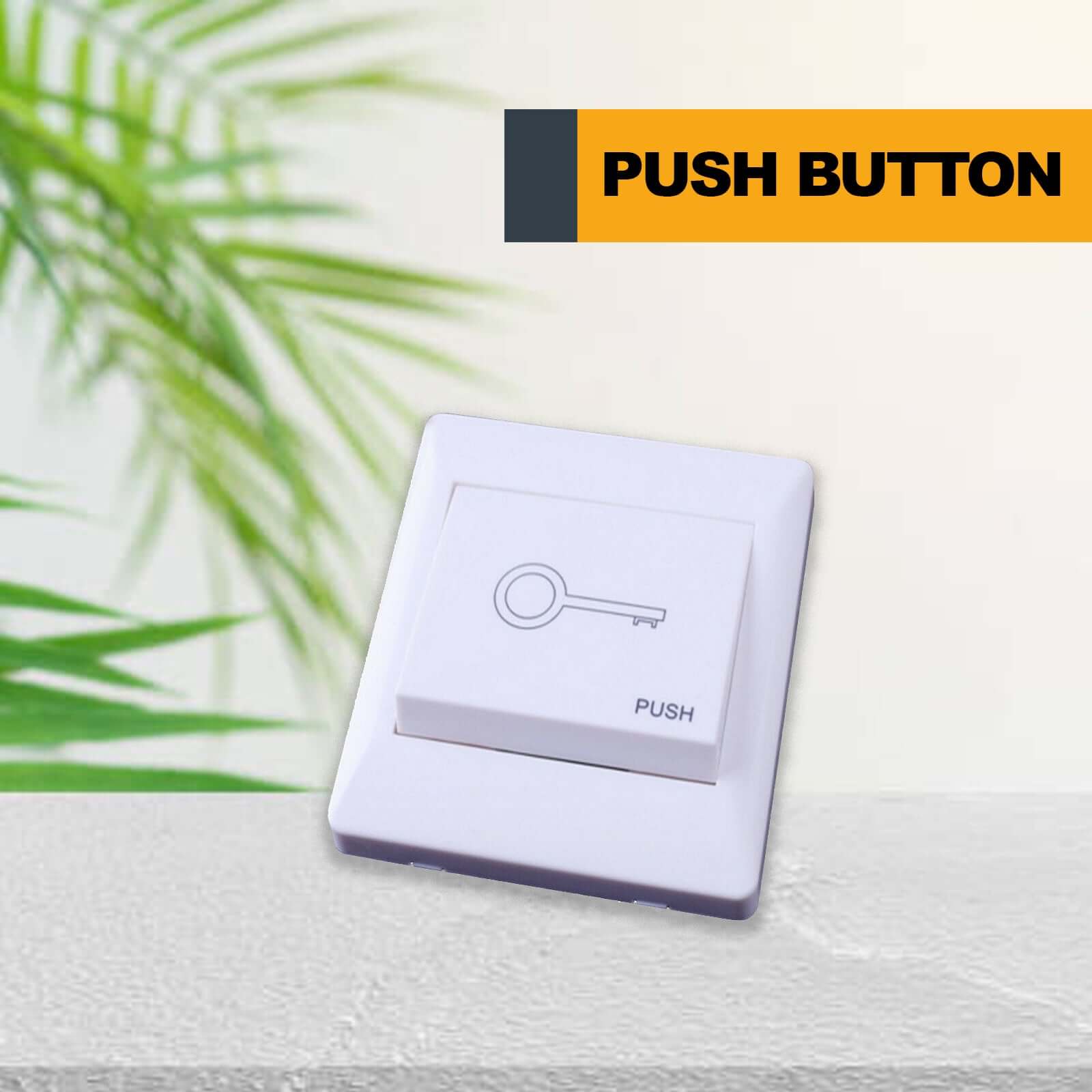 White wall-mounted push button with key symbol, light switch on a textured surface with a leafy background.