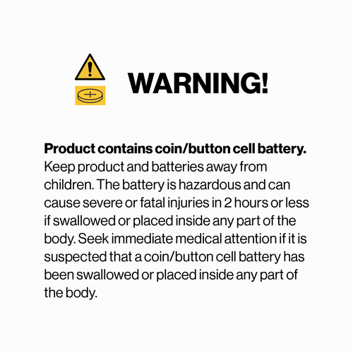Warning sign about coin/button cell battery hazard, advising to keep away from children and seek medical help if swallowed.